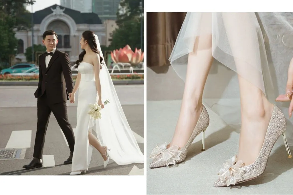 chọn kiểu d&aacute;ng gi&agrave;y cưới v&agrave; v&aacute;y cưới ph&ugrave; hợp